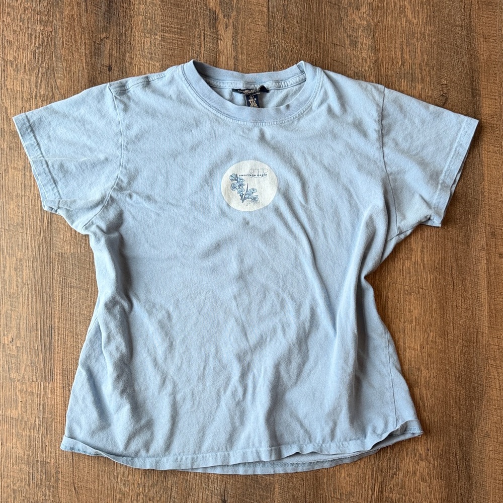 Vintage 90s American Eagle Made in USA Baby Tee Blue Graphic Size L